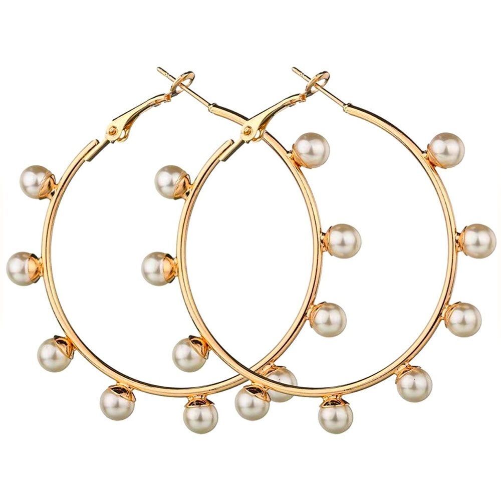 18k Gold Filled Pearl Hoop Earrings about 2inch length